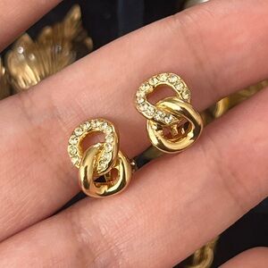 Vintage Christian Dior Chain Knot Rope Rhinestone Glossy Gold Mini Clip Earrings